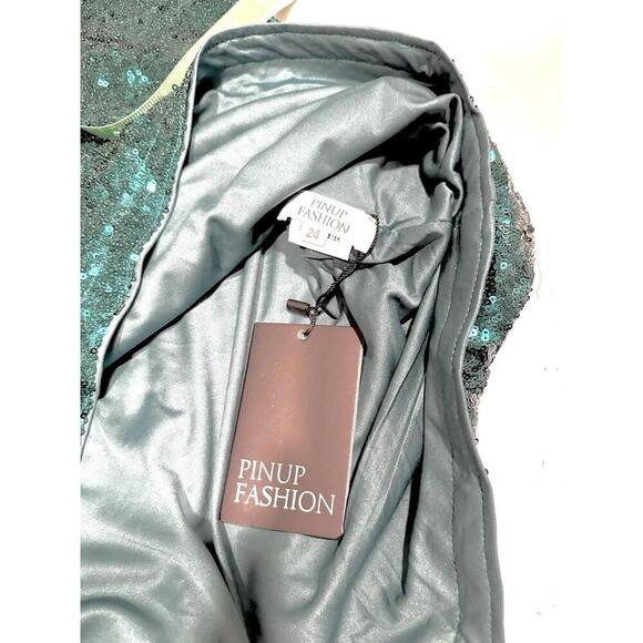 NWT Pinup Fashion Womens Sequin Dress Long Sleeve Green Coctail Plus Size 24 - Picture 13 of 15